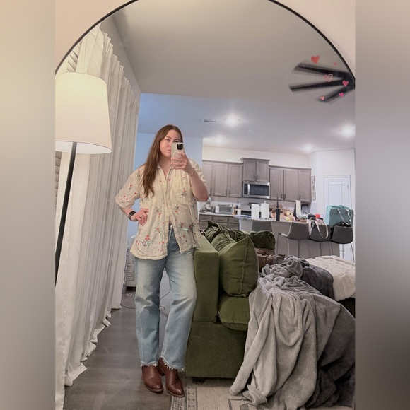 FP We The Free Emma Embroidered Button Front Floral Top in Tofu Combo Sz Large - Picture 9 of 11